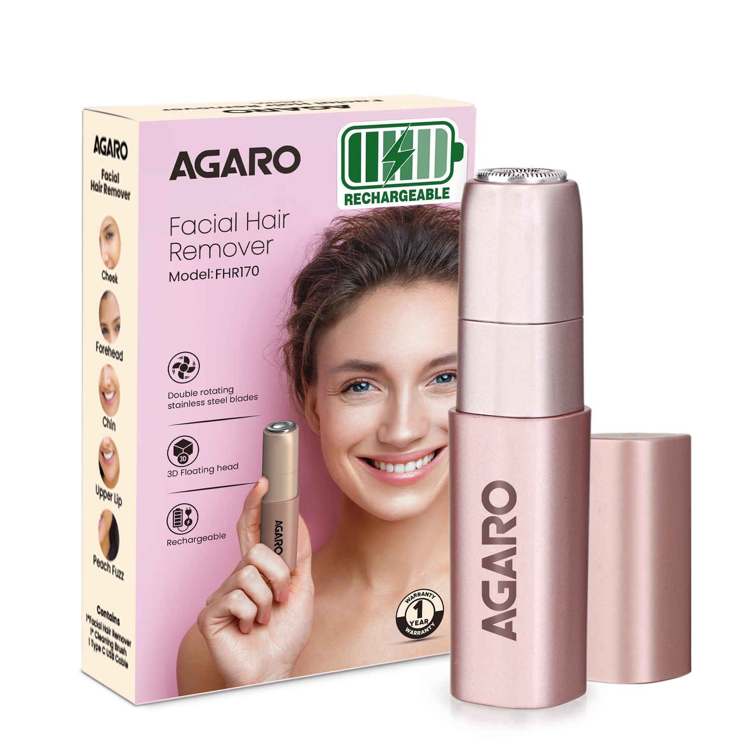 Buy AGARO Facial Hair Remover FHR170 For Women, Rechargeable, Cordless, Safe & Painless Electric Shaver, Hypoallergenic Blade, Multipurpose Use For Upper Lip, Chin, Cheeks & Forehead, Ideal For On-The-Go - 1 pc - Purplle