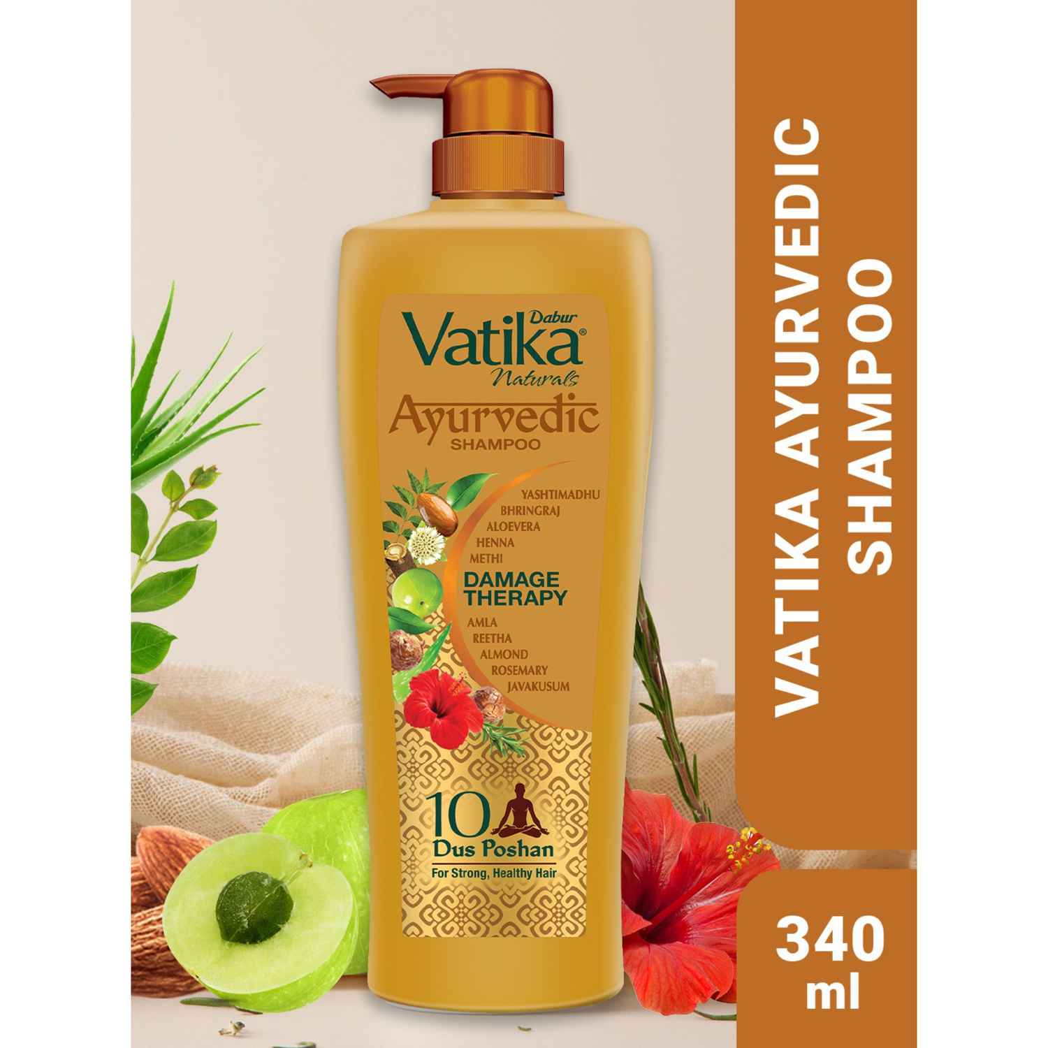Buy Dabur Vatika Ayurvedic Shampoo - 340 ml | Damage Therapy | With Power of 10 ingredients for solving 10 hair problems| No Parabens | For all hair types - Purplle