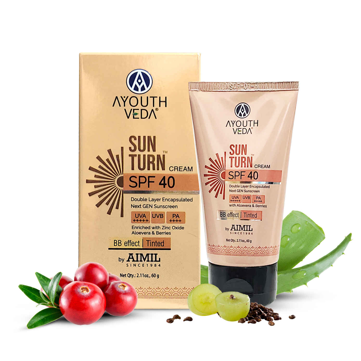 Buy Ayouthveda Sun Turn Cream SPF 40 - Double Layer Encapsulated Sunscreen - Tinted with BB Effect - PA++++ - UVA(+++++)/UVB Protection - Blue Light Defense - Enriched with Zinc Oxide, Aloe Vera & Berries - Net.Qty:- 60 gm - Purplle