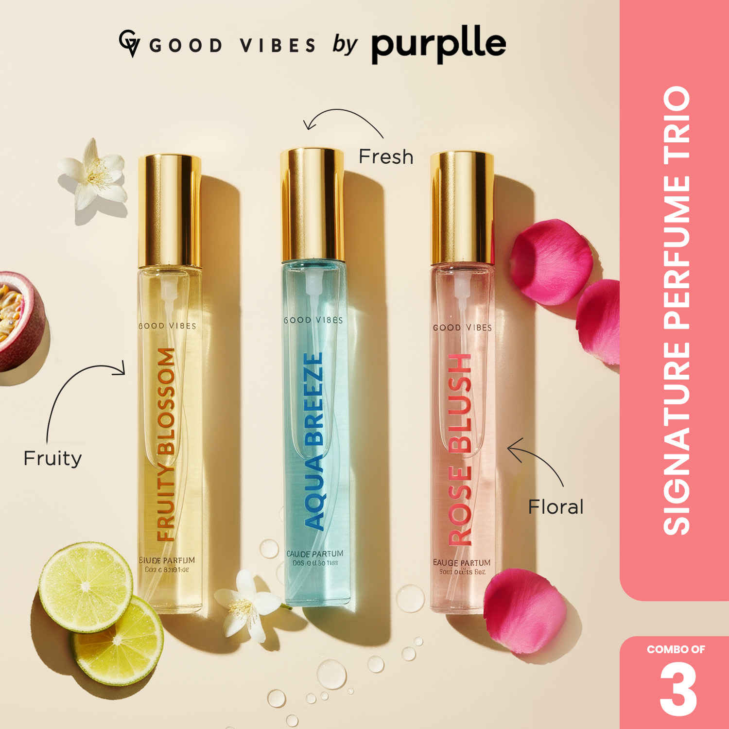 Buy Good Vibes Signature Perfume Trio (Combo of 3) | Fruity Blossom (Fruity Floral) | Aqua Breeze (Fresh Aquatic) | Rose Blush (Soft Floral) | Long Lasting | Pocket Perfume Set – 15 ml x 3 - Purplle