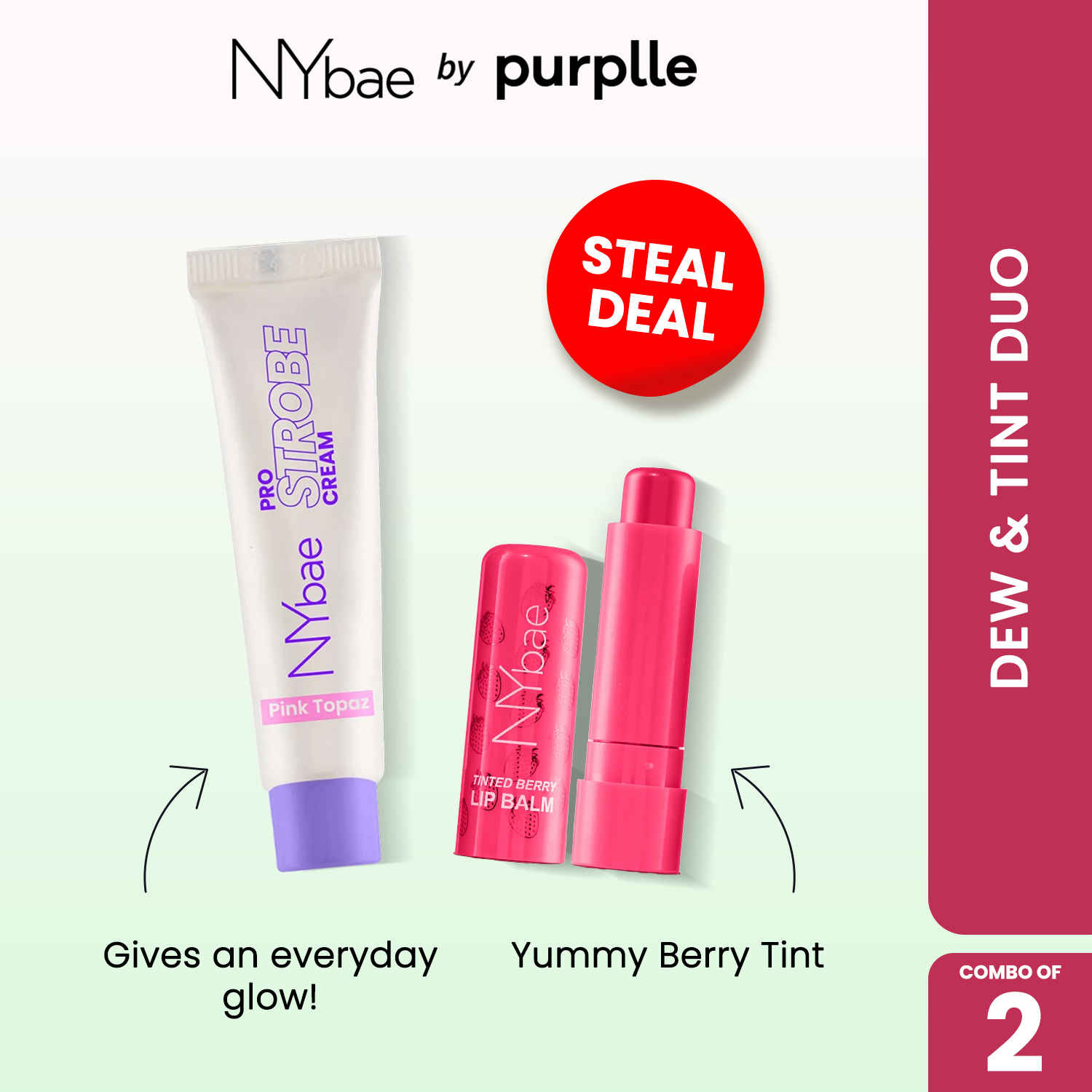 Buy NY Bae Dew & Tint Duo (Combo of 2) | Pro Strobe Cream in Pink Topaz (10 gm) | Tinted Berry Lip Balm (4.5 gm) - Purplle