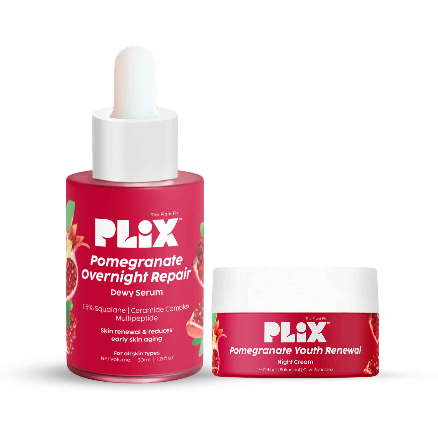 Buy PLIX Pomegranate 0.6% Retinol Face Serum and Pomegranate 1.20% Retinol Night Cream with Bakuchi Oil | Anti Ageing Combo, Reduces Fine Line & Wrinkles | For Men & Women | 30 ml + 50 gm - Combo of 2 - Purplle