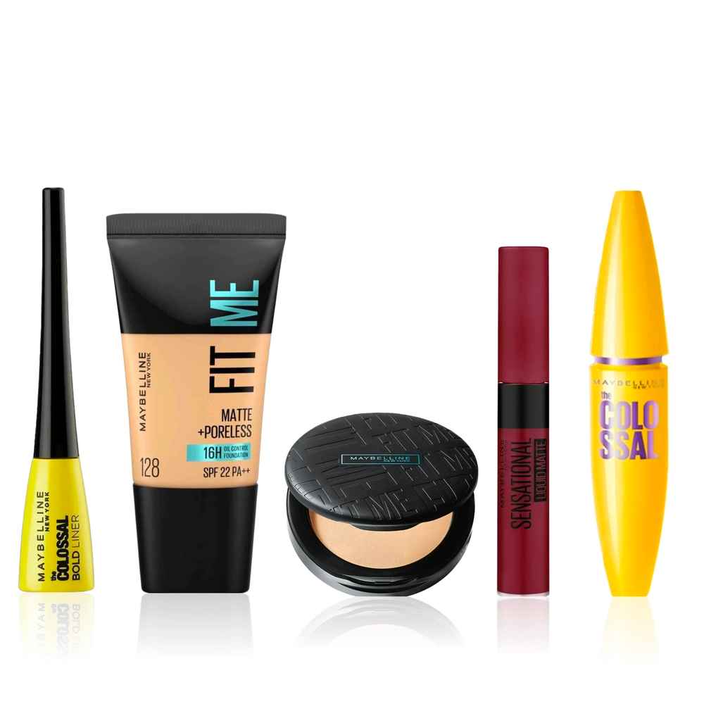Buy Maybelline New York All-In Glam Kit | Fit Me Compact 128 (6 gm) | Fit Me Liquid Foundation Tube 128(18 ml) | Colossal Mascara Black (10.7 ml) | Colossal Bold Eyeliner Black (3 ml) | Sensational Liquid Lipstick 02 Soft Wine (7 ml) Combo of 5 - Purplle