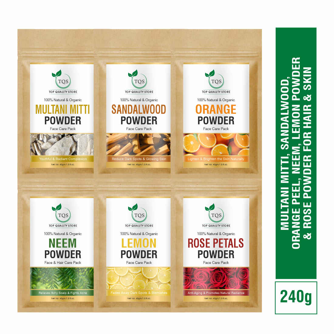 Buy TQS Multani Mitti,Sandalwood,Orange powder Neem, Lemon Powder & Rose Powder Set 240 gm - Purplle