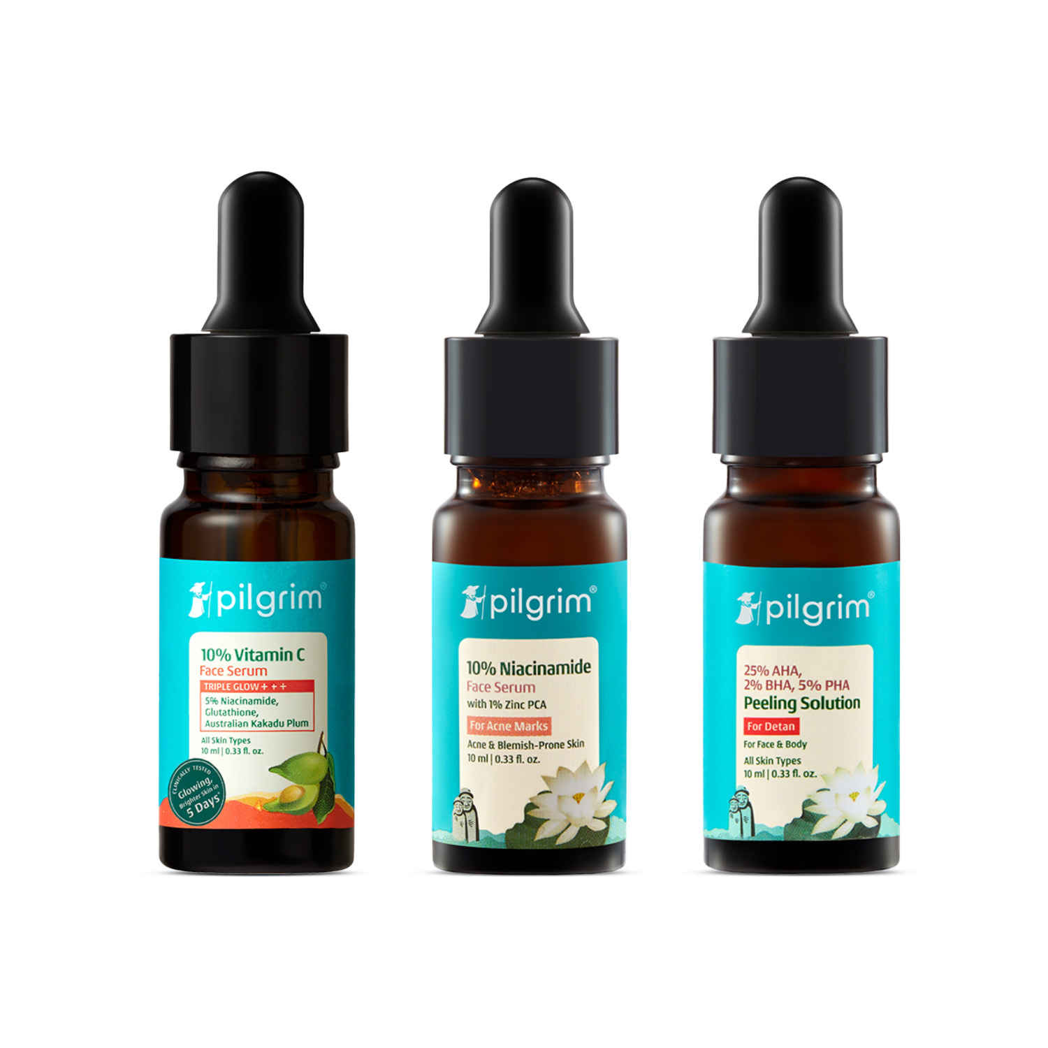 Buy Pilgrim Bright, Glowing Skin Trio | 10% Vitamin C + 10% Niacinamide + 25% AHA BHA PHA Serums | Tan Removal | Reduces Dark Spots Combo of 3 - Purplle