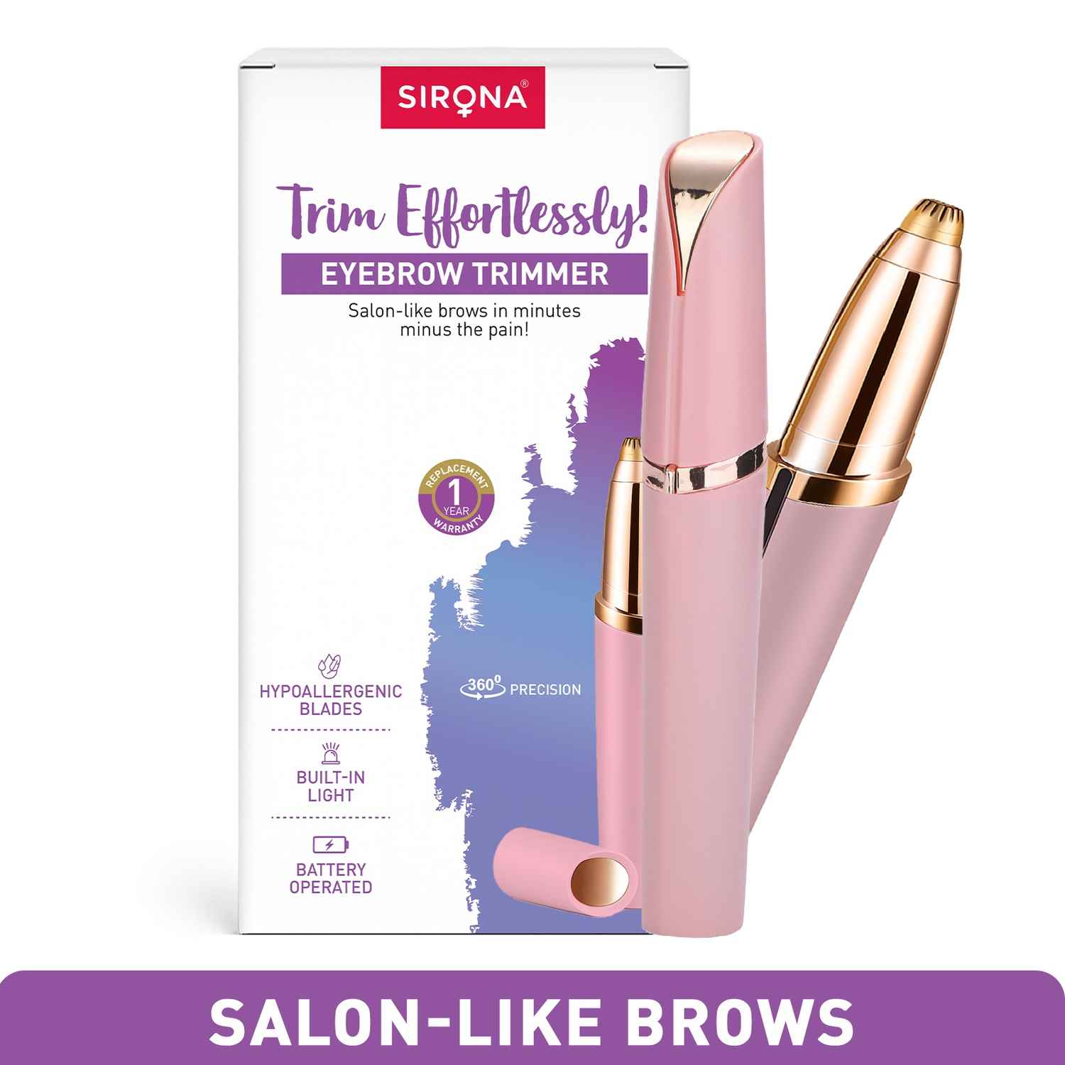 Buy Sirona Eyebrow Trimmer for Women | Built-in Light | Pain-Free Brow Shaping | Battery Operated | Hypoallergenic Blades | 360° Precision Tip | 1-Year Replacement Warranty 1 pc - Purplle