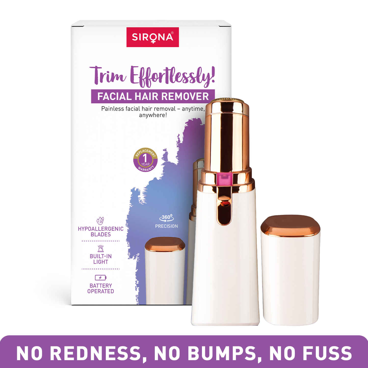 Buy Sirona Facial Hair Remover for Women | Painless Hair Removal | Built-in Light | Hypoallergenic Blades | Battery Operated | For Upper Lip, Chin & Sideburns | 1-Year Replacement Warranty 1 pc - Purplle