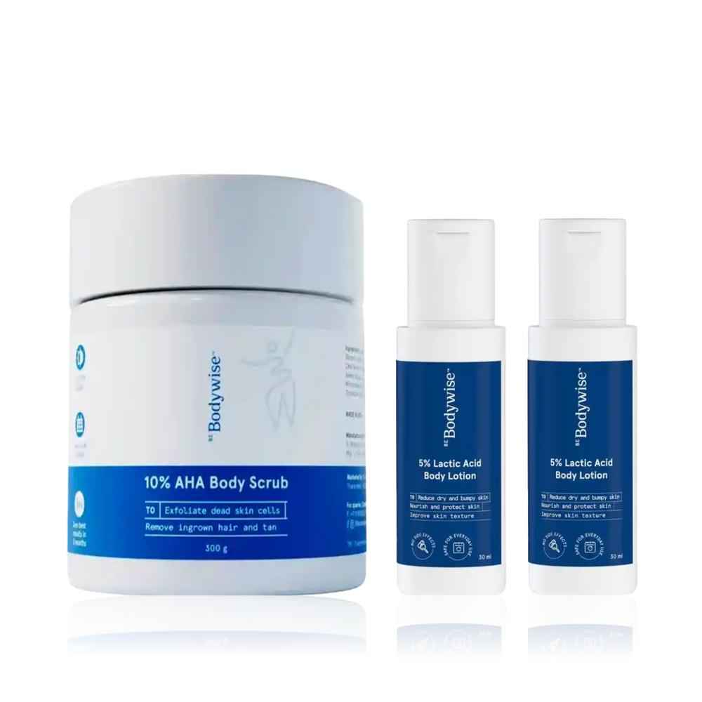 Buy Be Bodywise Ultra-Smoothing De-Tan & Glow Kit - 5% Lactic Acid Body Lotion (2 x 30 ml) + 10% AHA Body Scrub (300 gm) Combo of 2 - Purplle