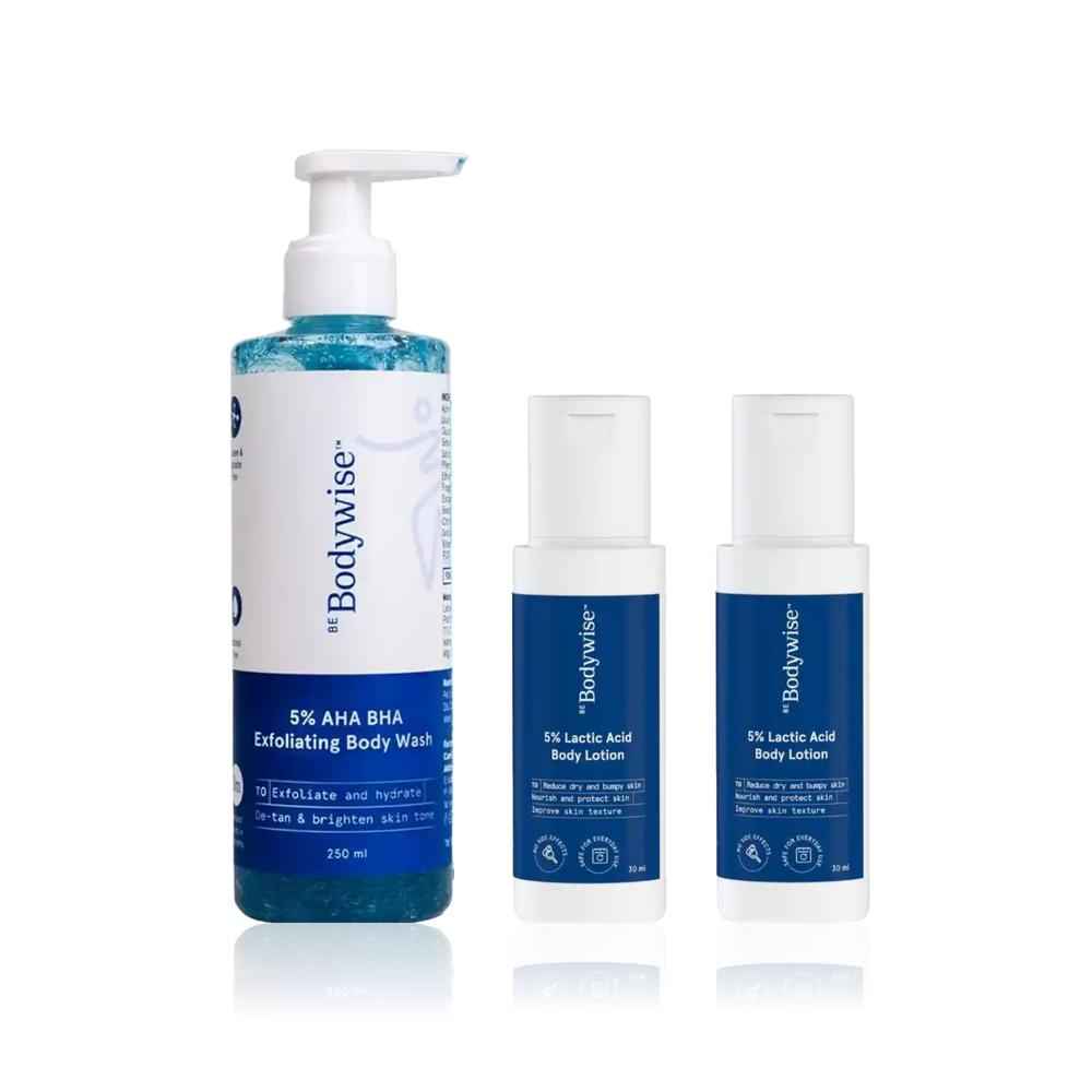 Buy Be Bodywise Complete De-Tan & Strawberry Skin Solution - 5% Lactic Acid Body Lotion (2 x 30 ml) + 5% AHA BHA Exfoliating Body Wash (250 ml) Combo of 2 - Purplle