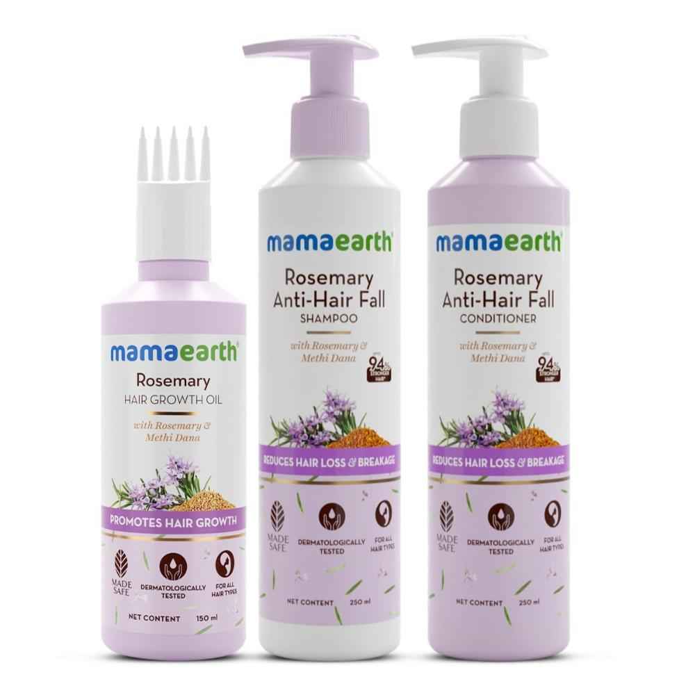 Buy Mamaearth Rosemary Hair Fall Control Kit: Rosemary Shampoo (250ml)+ Rosemary Conditioner (250ml)+Rosemary Hair Oil (150ml) | Gives up to 94% Stronger Hair | Up to 93% Less Hair Fall | Made Safe Certified | For Men & Women - Combo of 3 - Purplle