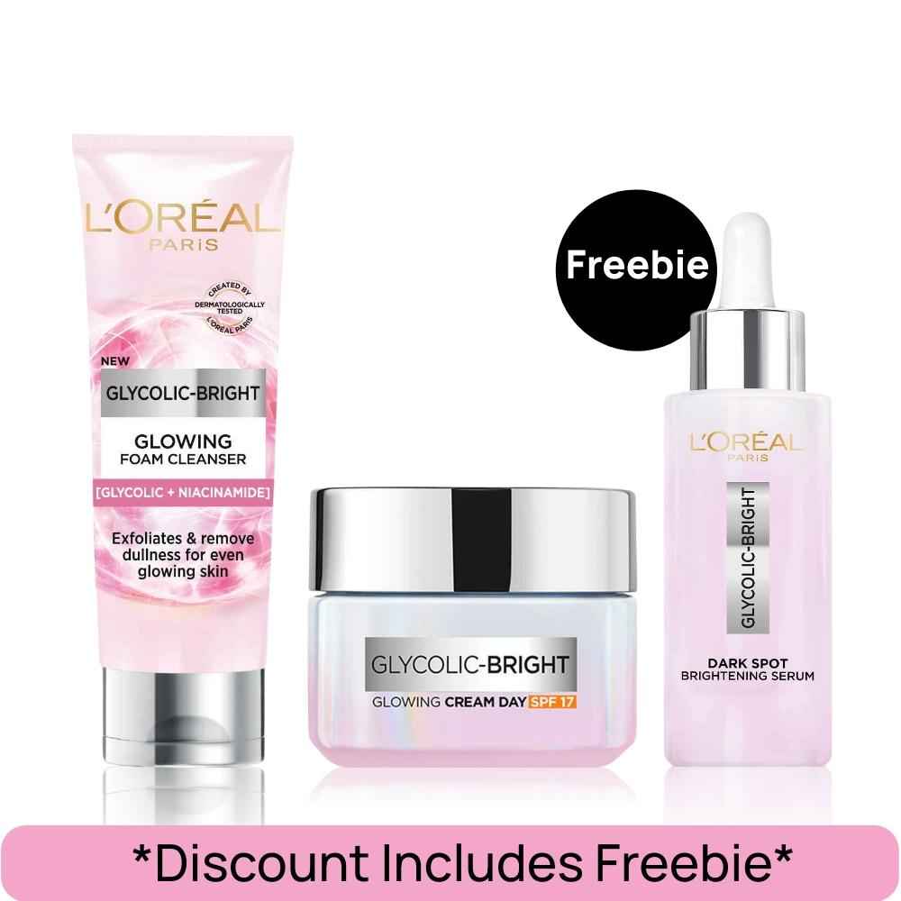 Buy L'Oreal Paris Glycolic Bright Combo (Glycolic Bright 8% [Melasyl + Niacinamide] Face Serum for Brightening Dark Spot (15 ml) + Glycolic Bright Day Cream with SPF 17 (15 ml) + Glycolic Bright Glowing Daily Cleanser Foam (100 ml))Combo of 3 - Purplle