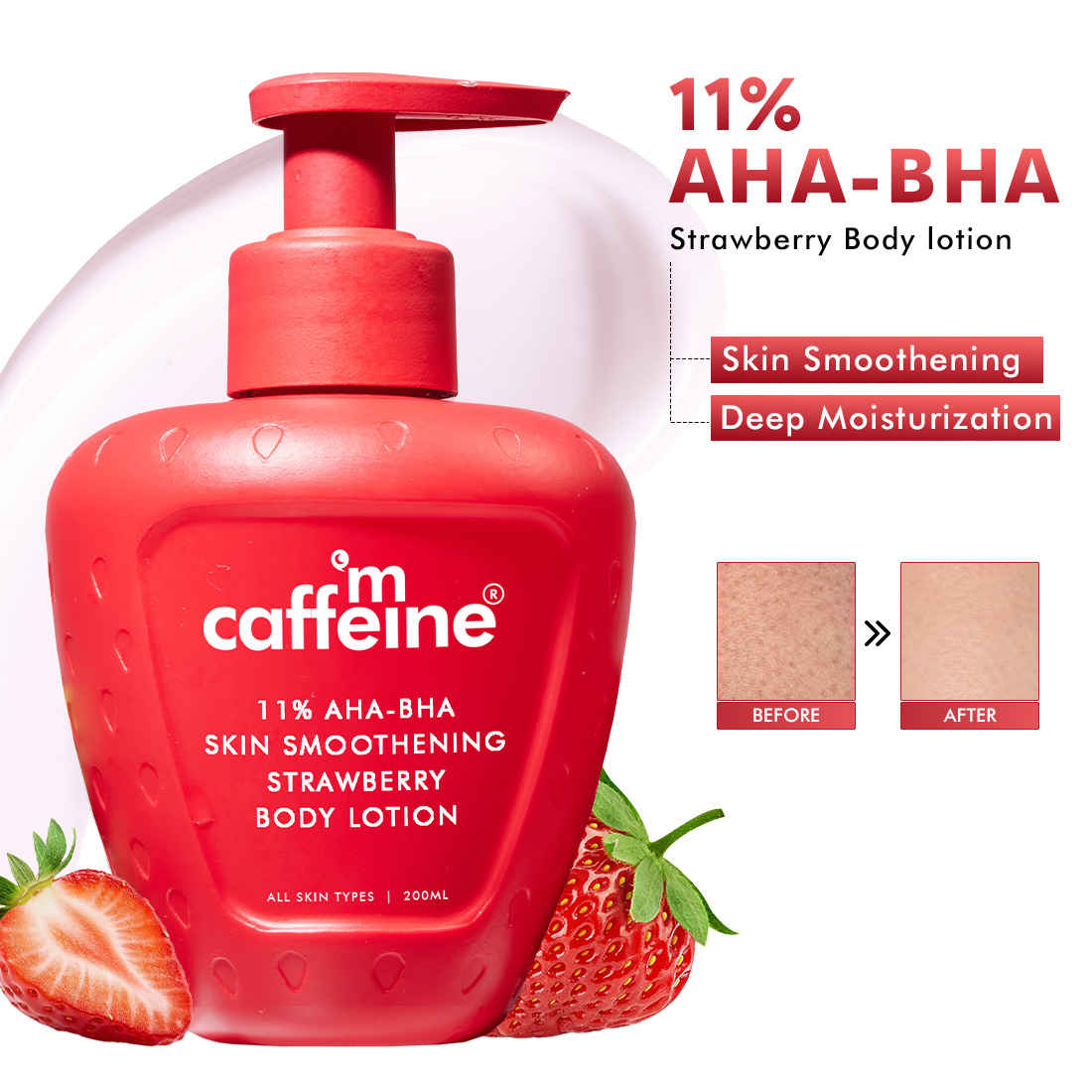 Buy mCaffeine 11% AHA BHA Strawberry Body Lotion for Skin Smoothening | Juicy Strawberry Scent | Gently Exfoliates & Deeply Moisturization- 200 ml - Purplle