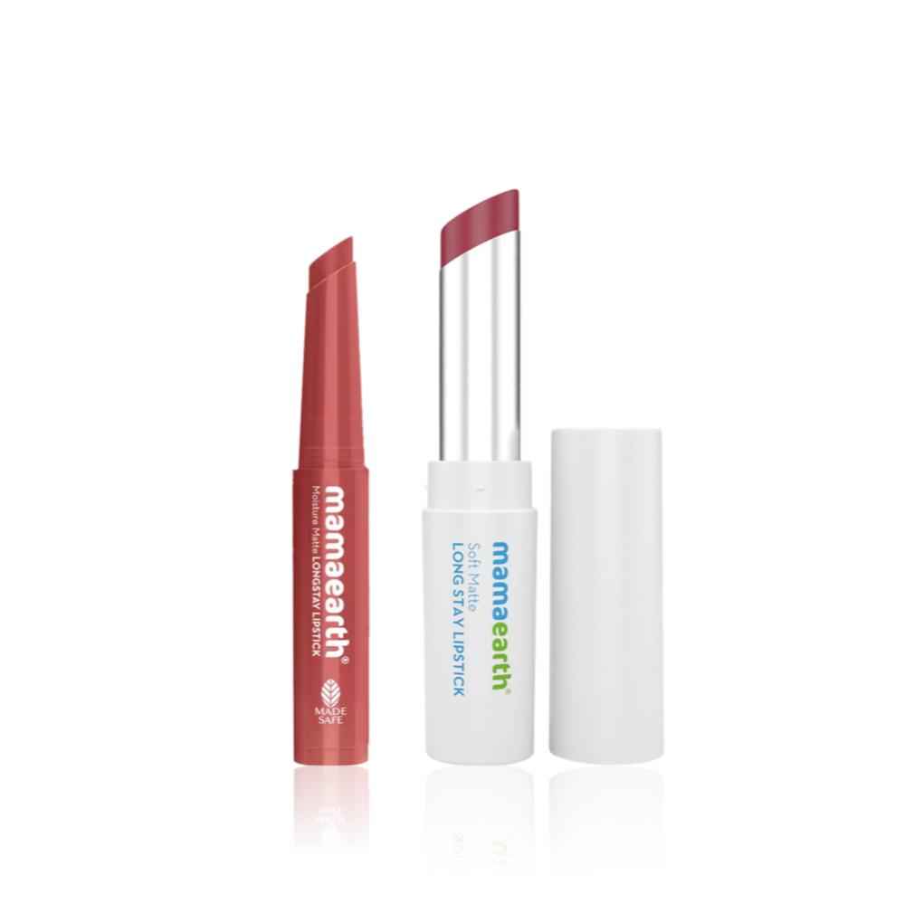 Buy Mamaearth Dual Lip Essentials Combo of 2(Soft Matte Long Stay Lipstick with Jojoba Oil & Vitamin E – Grape Wine 3.5 gm + Moisture Matte Longstay Mini Lipstick with Avocado Oil & Vitamin E – 01 Carnation Nude 0.7 gm) - Purplle