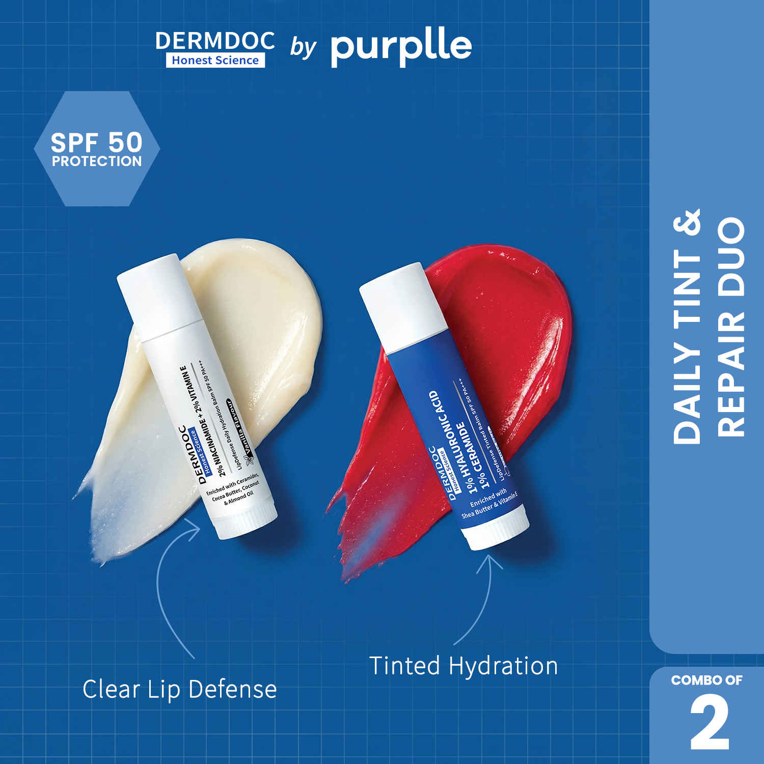 Buy DERMDOC Daily Tint & Repair Duo (Combo of 2) | Tinted Lip Balm SPF 50 with High Tint Coverage (4 gm) | Non-Tinted Lip Balm for Soft Smooth Lips (4 gm) - Purplle