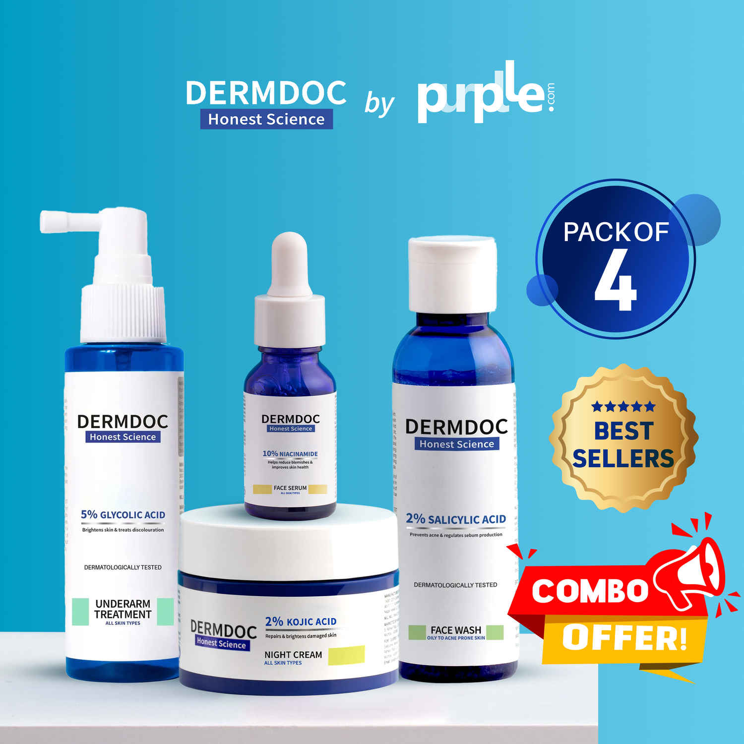 Buy DERMDOC Combo Kit of Best-Sellers | 10% Niacinamide fACE Serum (15 ml) | 5% Glycolic Acid Underarm Brightening Spray (100 ml) | 2% Kojic Acid Night Cream (50 gm) | 2% Salicylic Acid Face Wash (120 ml) | Value Pack Combo of 4 - Purplle