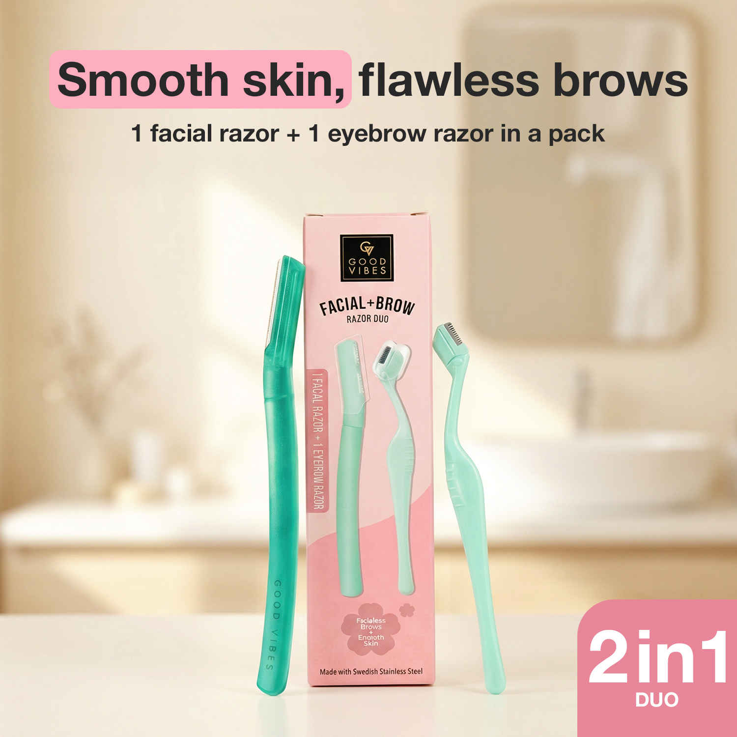 Buy Good Vibes Facial & Brow Razor Duo for Women- Pack of 2 | Instant & Painless Hair Removal | Face & Eyebrow Razor | Removes Peach Fuzz, Upper Lip & Sideburns | Dermaplaning Tool | For Sensitive Skin - Purplle