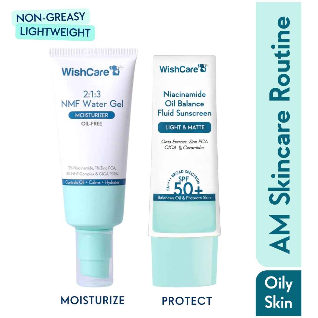 Buy WishCare Oil Balance Fluid Sunscreen 50 gm and 2:1:3 NMF Water Gel Moisturizer for Oily & Sensitive Skin 50 ml, Combo of 2 - Purplle