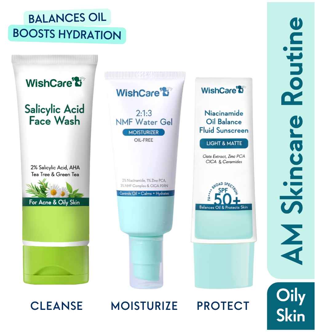 Buy WishCare AM Skincare Routine with Face Wash 100 ml, Moisturizer 50 ml and Sunscreen for Oily & Sensitive Skin 50 gm Combo of 3 - Purplle