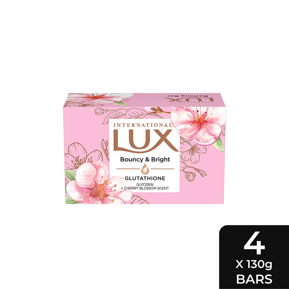 Buy LUX International Bouncy & Bright Bathing Soap with Glutathione & Glycerin, 4 x 130 gm, for Soft Skin - Purplle