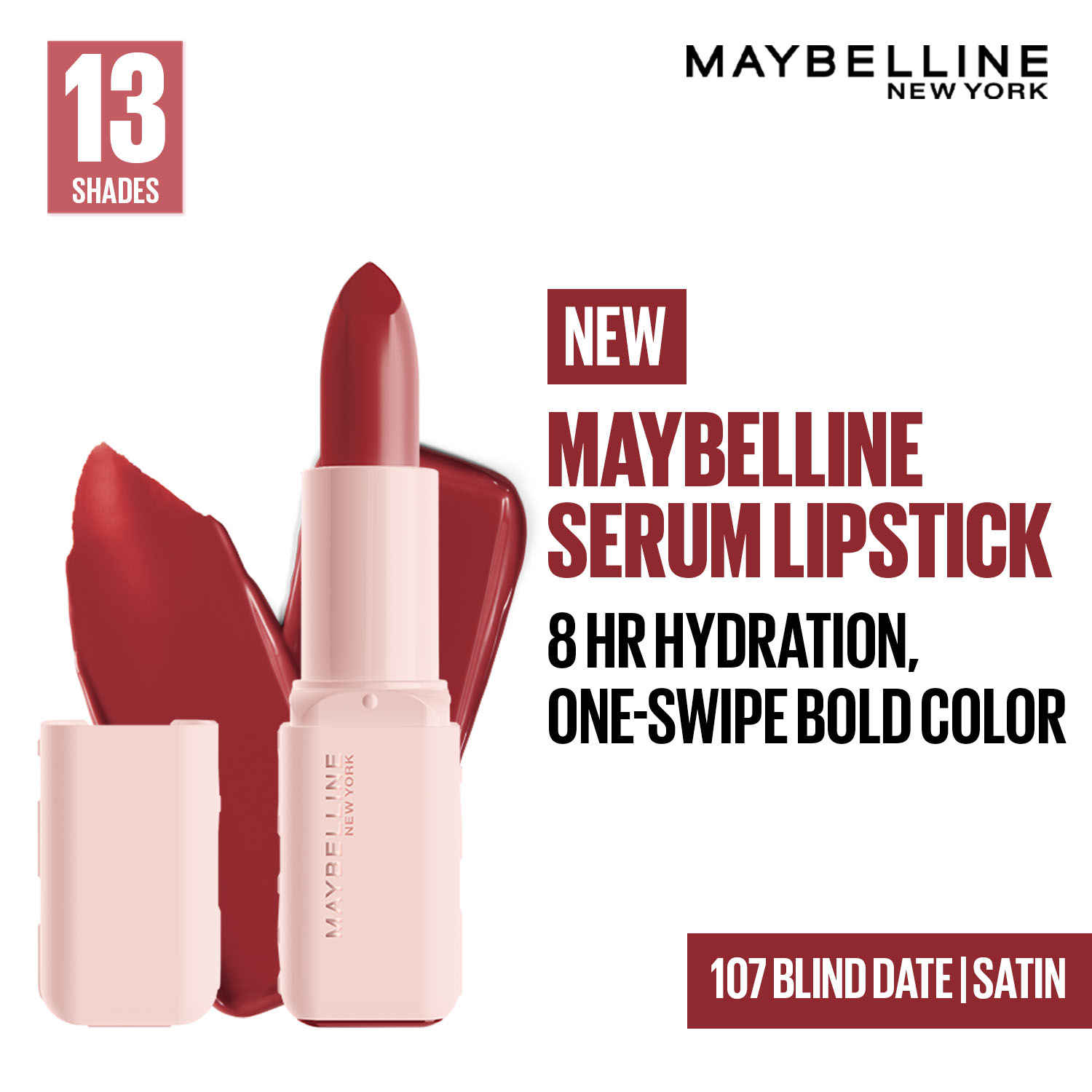 Buy Maybelline New York Serum Lipstick (Satin) 8HR Weightless Hydration, One-Swipe Bold Color, Mauve - 107 Blind Date, 4.3 gm - Purplle