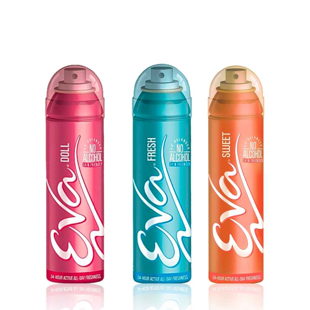 Buy Eva Deodorants Pack of 3 (Doll 150 ml + Fresh 150 ml + Sweet 150 ml) | pH Balanced | No Alcohol | Skin Friendly (Combo of 3) - Purplle