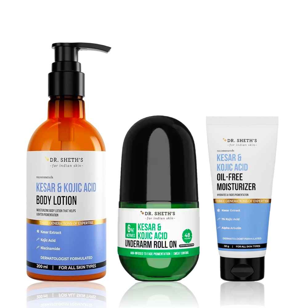 Buy Dr. Sheth’s Kesar & Kojic Acid Complete Brightening Combo of 3(Moisturizer 50 gm + Body Lotion 200 ml + Underarm Roll On 50 ml) - Purplle