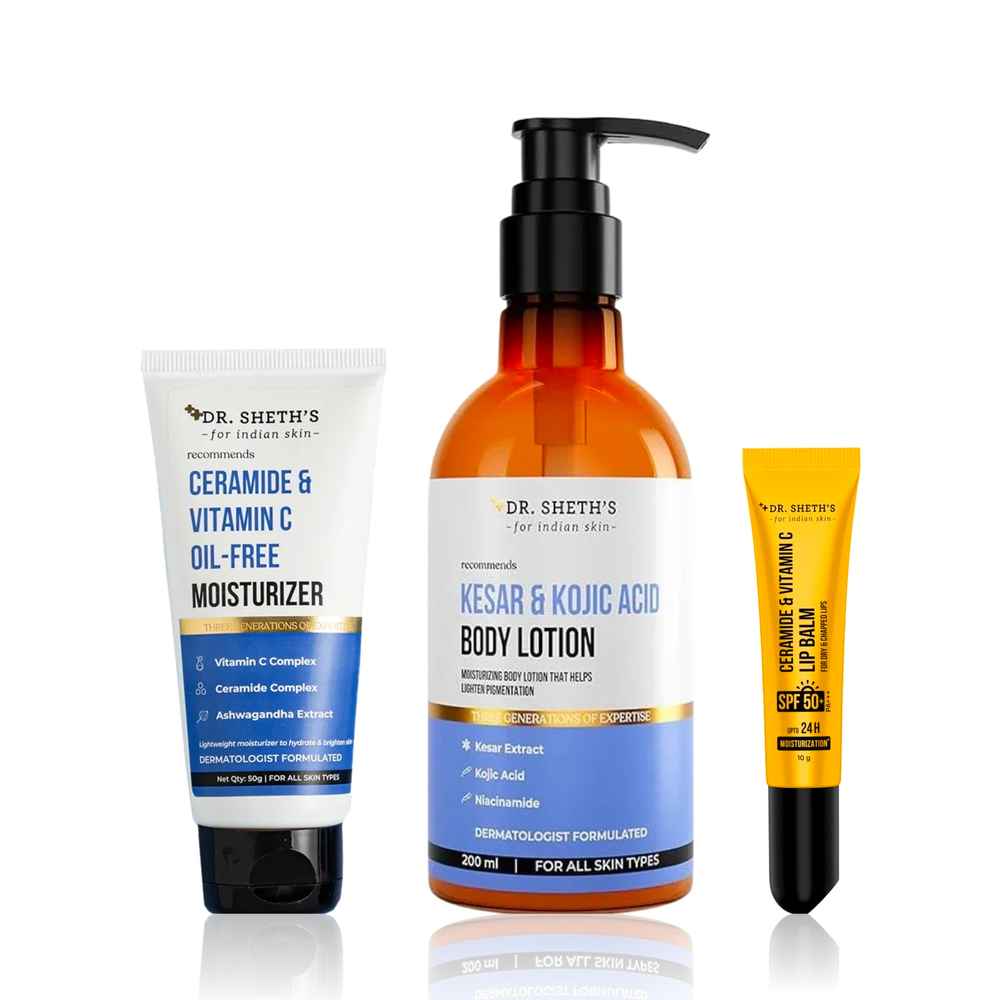 Buy Dr. Sheth’s Full Body Winter Moisturization Combo of 3(Ceramide & Vitamin C Oil-Free Moisturizer 50 gm + Kesar & Kojic Acid Body Lotion 200 ml + Kesar & Kojic Acid Lip Balm SPF 50+ PA+++ 10 gm) - Purplle