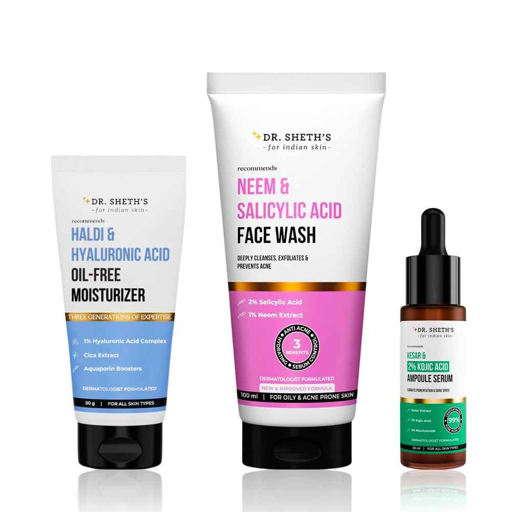 Buy Dr. Sheth's Clear & Balanced Skin Care Combo of 3 (Dr. Sheth's Kesar & Kojic Acid Serum 30 ml + Dr. Sheth's Neem & Salicylic Acid Face Wash 100 gm + Dr. Sheth's Haldi & Hyaluronic Acid Oil-Free Moisturizer 50 gm) - Purplle