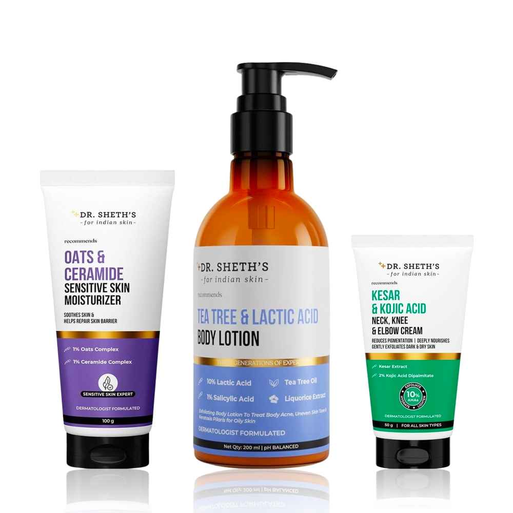Buy Dr. Sheth's Body & Barrier Care Combo of 3(Dr. Sheth's Tea Tree & Lactic Acid Body Lotion 200 ml + Dr. Sheth's Oat & Ceramide Sensitive Skin Moisturizer 100 gm + Dr. Sheth's Kesar & Kojic Acid Neck Knee & Elbow Cream 50 gm) - Purplle