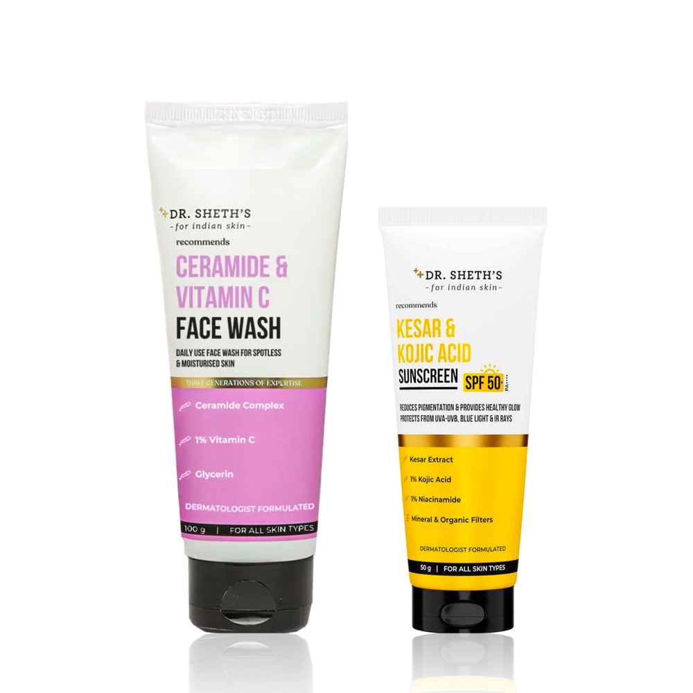 Buy Dr. Sheth's Sun Protection & Brightening Combo of 2(Dr. Sheth's Kesar & Kojic Acid Sunscreen SPF 50+ Pa++++ 50 gm + Dr. Sheth's Ceramide & Vitamin C Face Wash 100 gm) - Purplle