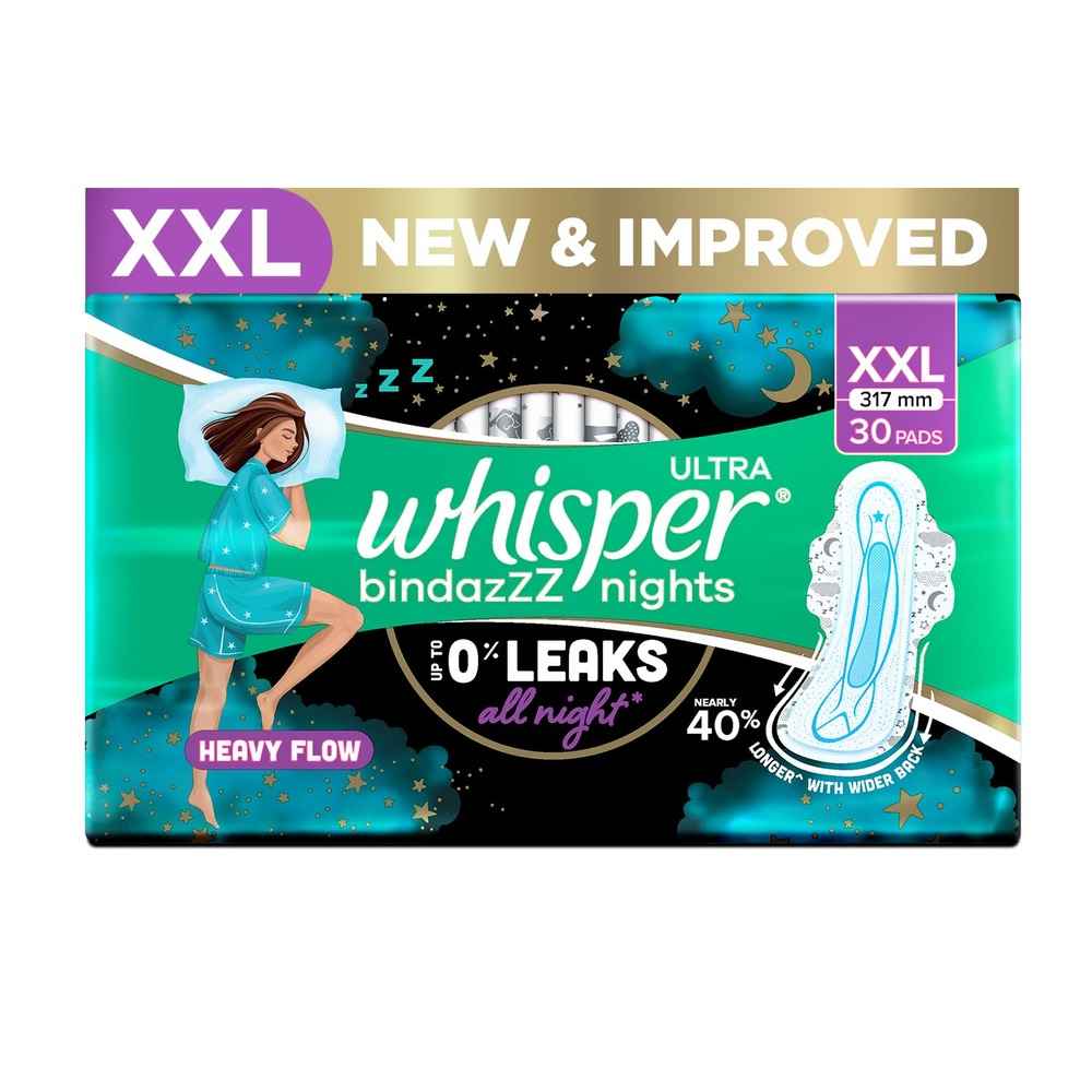 Buy Whisper Bindazzz Nights XXL Sanitary Pads Upto 0% Leaks All Night Long (30 pads) - Purplle