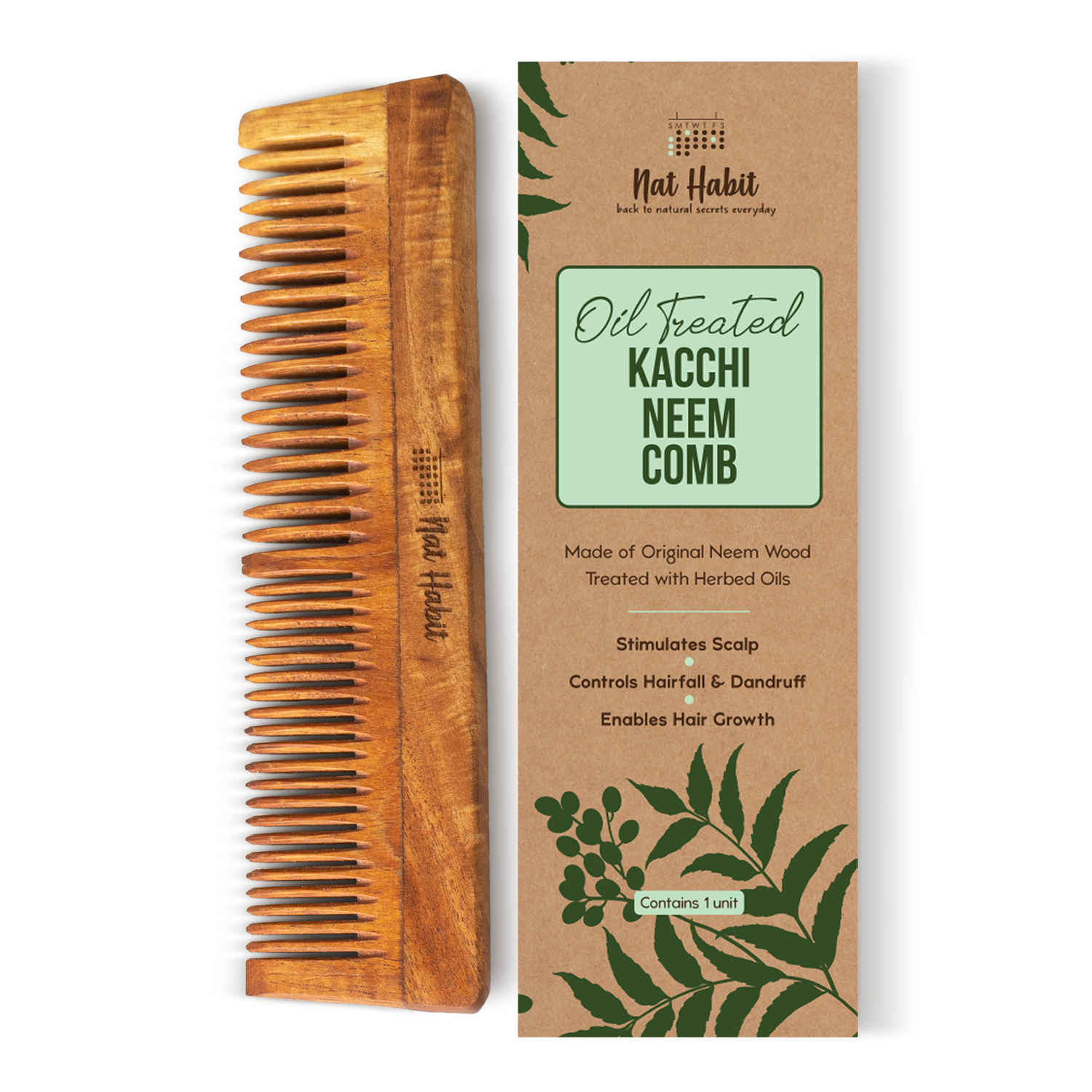 Buy Nat Habit Oil Treated Kacchi Neem Ayurvedic Wooden Comb - Dual Tooth for Detangling & Frizz Control - Pack of 1 - Purplle