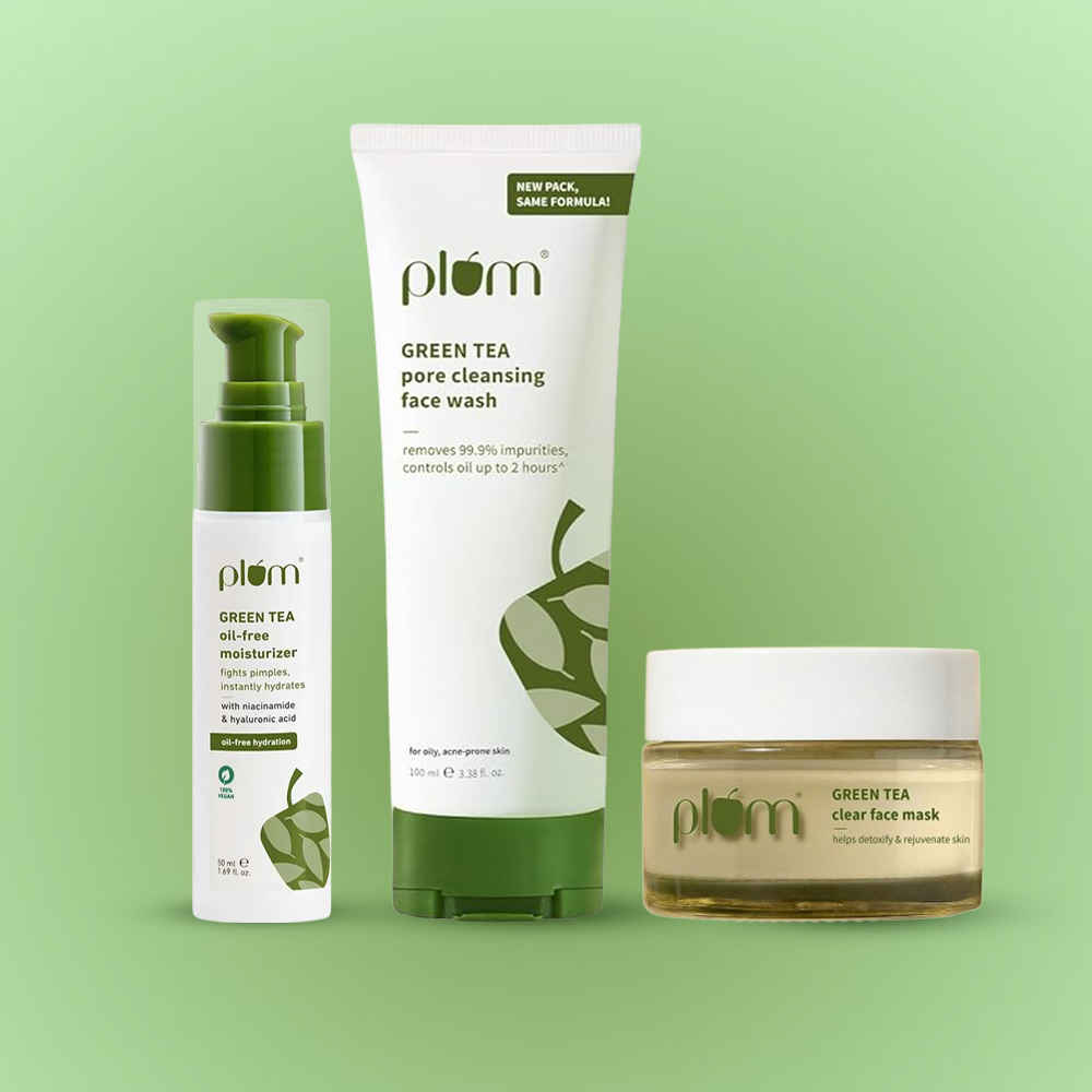 Buy Plum Green Tea Clear Skin Combo (Green Tea Non-Drying Face Wash-75 ml + Green Tea Oil-Free Moisturizer-50 ml + Green Tea Clear Face Mask-60 gm) - Combo of 3 - Purplle