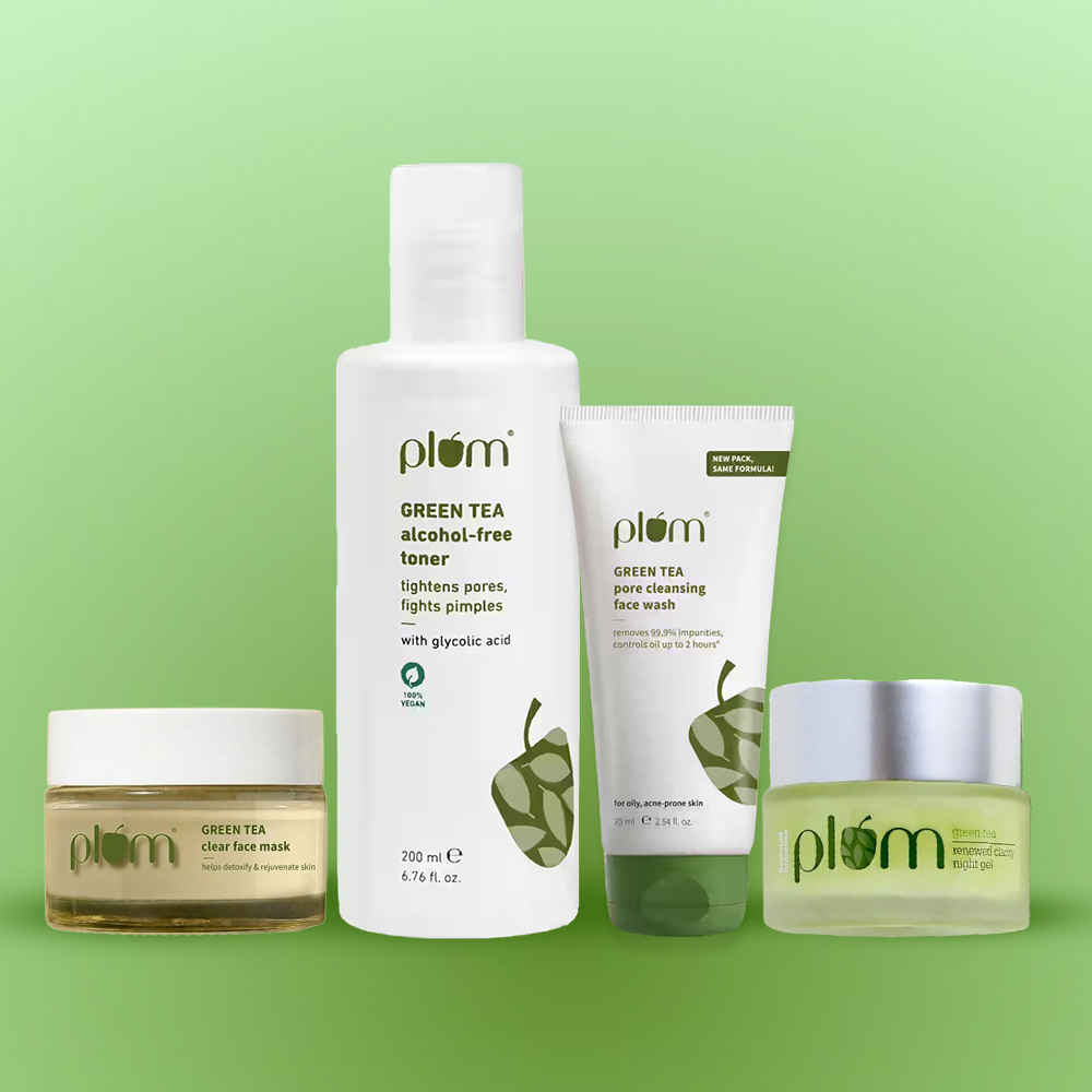 Buy Plum Green Tea Radiant Skin Routine (Green Tea Non-Drying Face Wash-75 ml + Green Tea Alcohol-Free Toner-200 ml + Green Tea Renewed Clarity Night Gel Mini-15 ml + Green Tea Clear Face Mask-60 gm) - Combo of 4 - Purplle