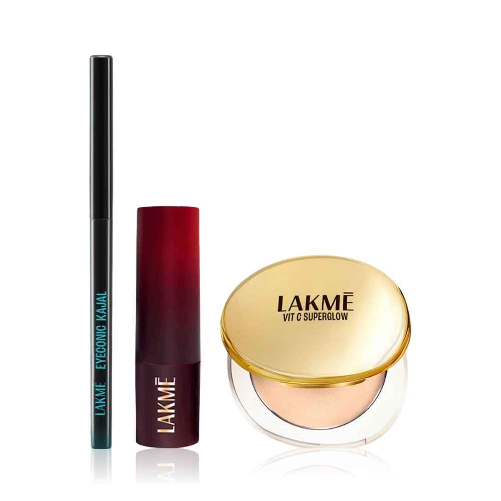 Buy Lakme Makeup kit ( Makeup+Skincare VitC Superglow Skin Perfecting Compact Ivory10 (8 gm) + Eyeconic Kajal Deep Black (0.35 gm) + Forever Matte Lipstick Made With French Rose Oil Extracts Red Crimson (4.5 gm)) Combo of 3 - Purplle