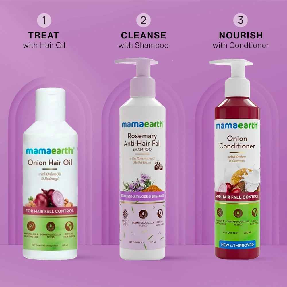 Buy Mamaearth Anti Hair Fall Combo : Onion Oil (150 ml) + Rosemary Shampoo (250 ml) +Onion Conditioner (250 ml) - Purplle