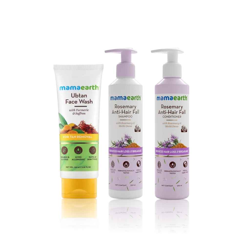 Buy Mamaearth Morning Routine Essentials Kit (Ubtan Facewash + Rosemay Anti- Hair fall Shampoo + Rosemay Anti- Hair fall Conditioner) (100 ml + 250 ml + 250 ml) - Purplle
