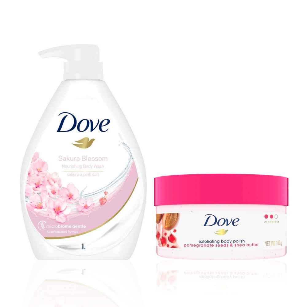 Buy Dove Body Care Combo (Refreshing Sakura Blossom Body Wash with Himalaya Pink Salt (1 L) + Body Polish Exfoliating Scrub Moisturizing Shea Butter and Pomegranate Seeds Nourishes & Conditions Soft Skin Sulphate Free (100 gm) - Combo of 2 - Purplle