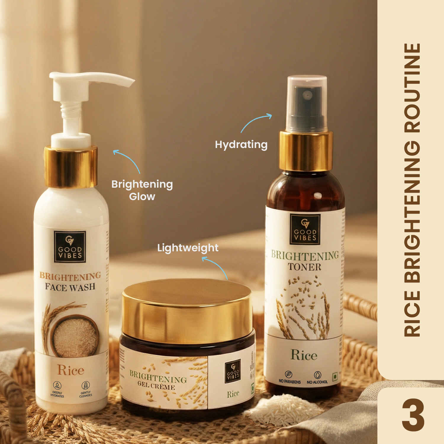 Buy Good Vibes Rice Brightening Routine | Rice Brightening Face Cleanser (120 ml) | Rice Brightening Toner (120 ml) | Rice Brightening Gel Creme (50 gm) Combo of 3 - Purplle