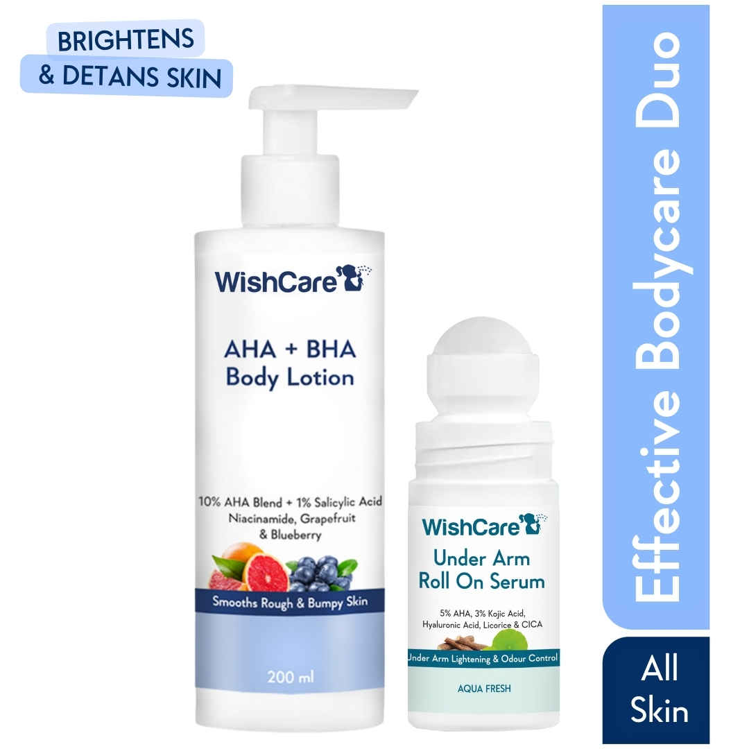 Buy WishCare De Tan Body Lotion & Brightening Underarm Roll On Combo | 10% AHA + 1% Salicylic Acid Body Lotion with Niacinamide & Aqua Fresh Underarm Roll On with 5% AHA + 3% Kojic Acid for Pigmentation|Combo of 2 - Purplle