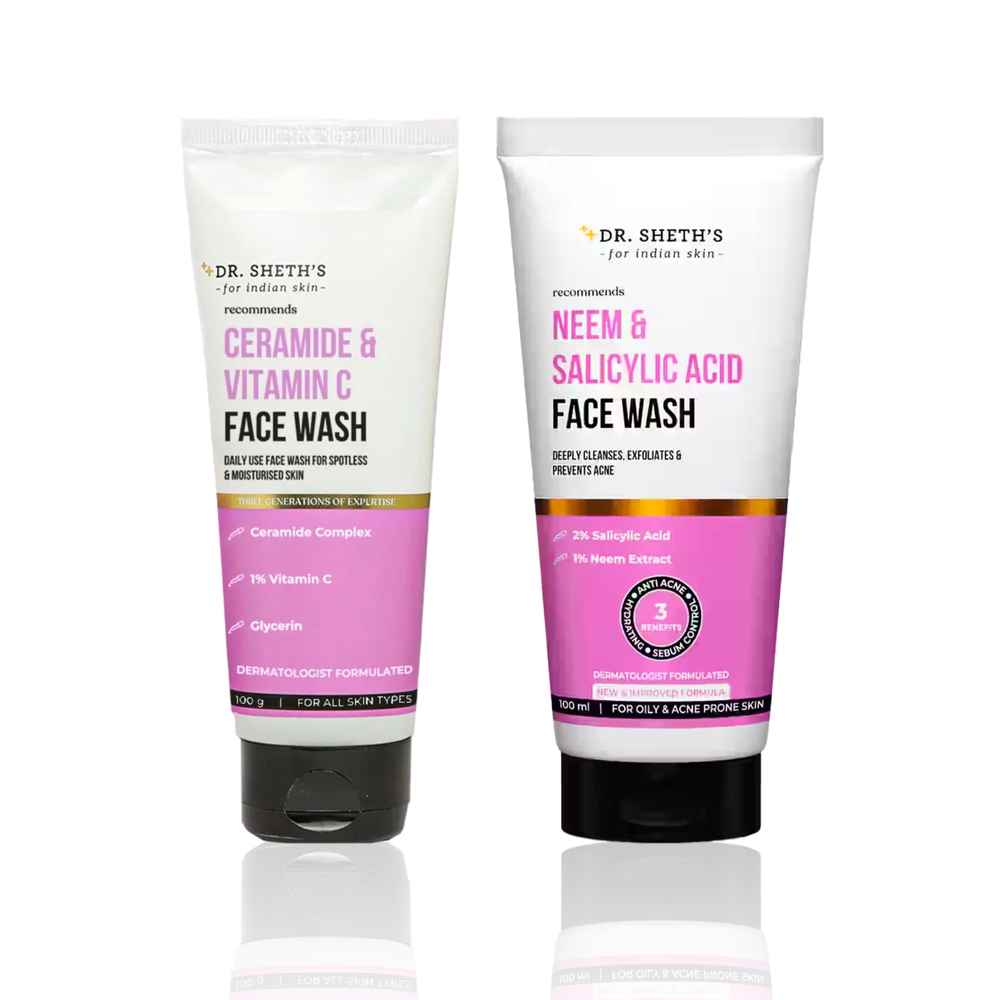 Buy Dr. Sheth's Double Cleanse Face Wash Combo (Ceramide & Vitamin C Face Wash – 100 gm + Neem & Salicylic Acid Face Wash – 100 ml) Combo of 2 - Purplle