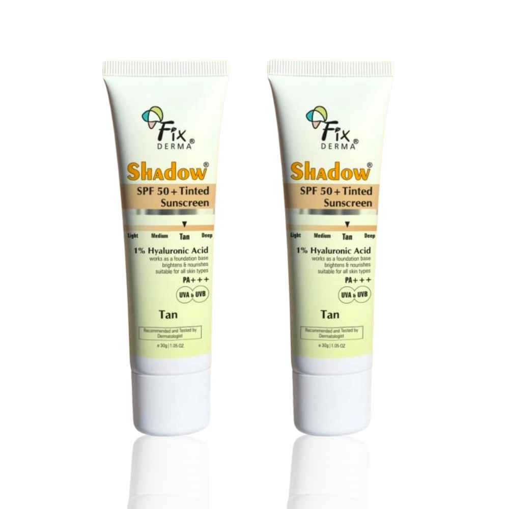 Buy Fixderma Shadow Tinted Glow Kit | Tan SPF 50 PA+++ Sunscreen with Vitamin E | Broad Spectrum UVA & UVB Protection | Suitable For All Skin Types | For Women & Men | (30 gm + 30 gm) Pack of 2 - Purplle