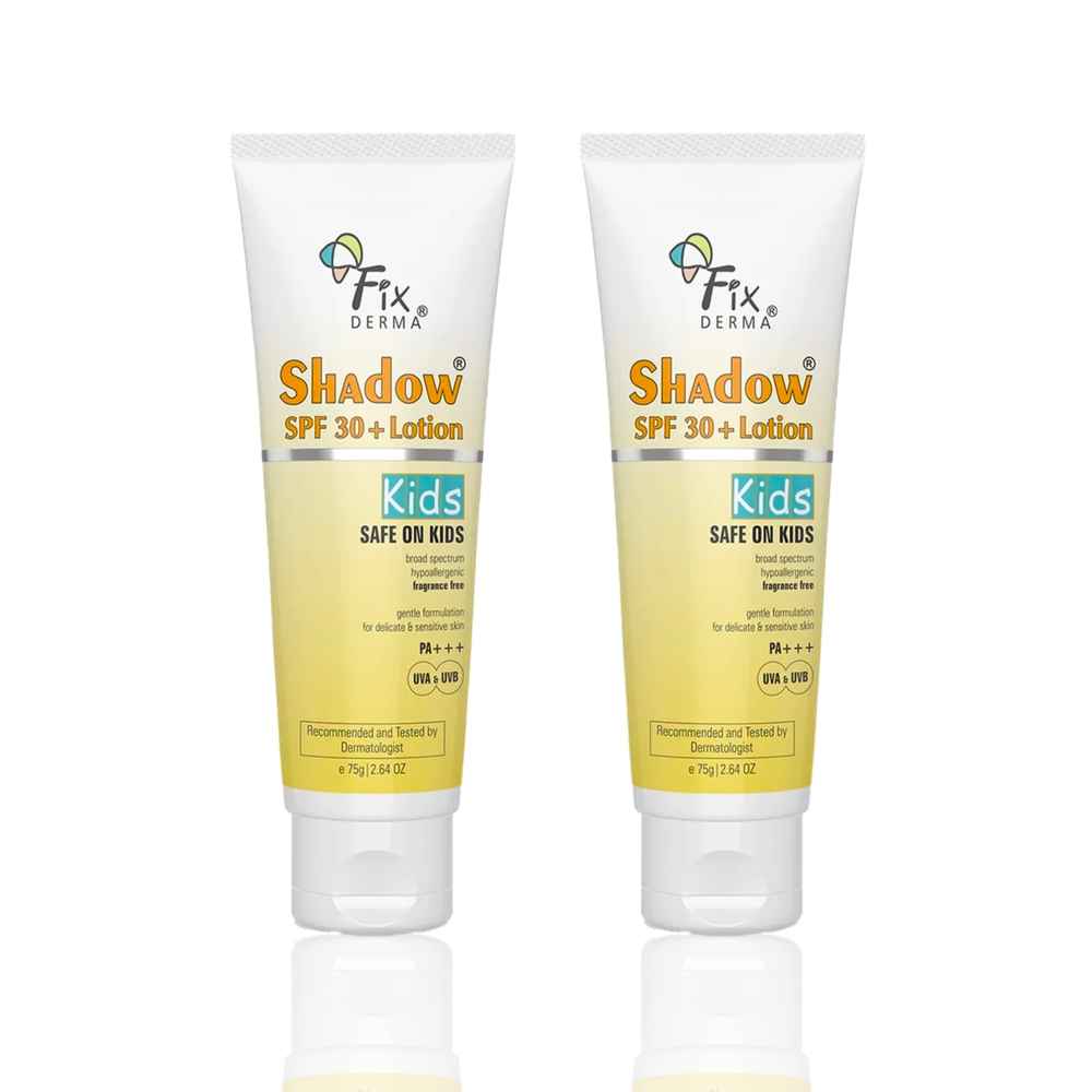 Buy Fixderma Shadow Kids Care Set | SPF 30+ Lotion Sunscreen for Sensitive Skin | Broad Spectrum UVA & UVB Protection | Non Greasy & Water Resistant | For Body & Face | (75 gm + 75 gm) Pack of 2 - Purplle