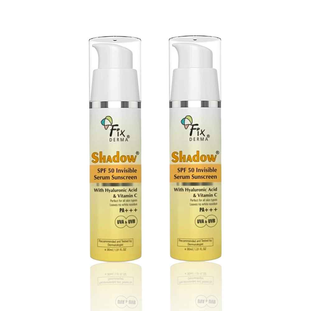 Buy Fixderma Shadow Serum Glow Pack | SPF 50+ PA+++ Invisible Serum Sunscreen with Vitamin C & Hyaluronic Acid | No White Cast | Ultra Lightweight | Airless Pump | For All Skin Types | (30 ml + 30 ml) Pack of 2 - Purplle