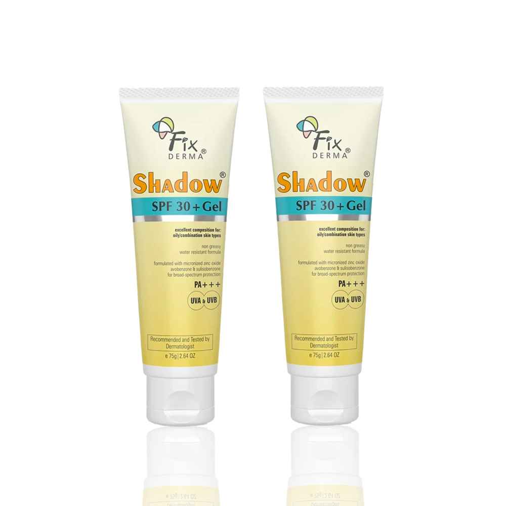 Buy Fixderma Shadow Oil Control Set | SPF 30+ Gel Sunscreen for Oily Skin | Broad Spectrum UVA & UVB Protection | Non Greasy & Water Resistant | For Body & Face | Unisex | (75 gm + 75 gm) Pack of 2 - Purplle