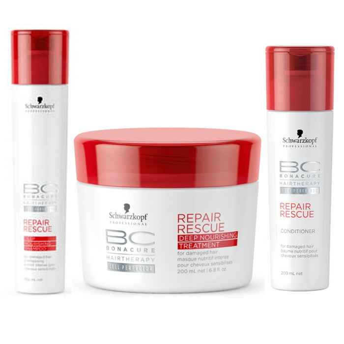 Buy Schwarzkopf Bonacure Repair Rescue Combo (Shampoo, Conditioner, Treatment) (250 ml + 200 ml + 200 ml) - Purplle