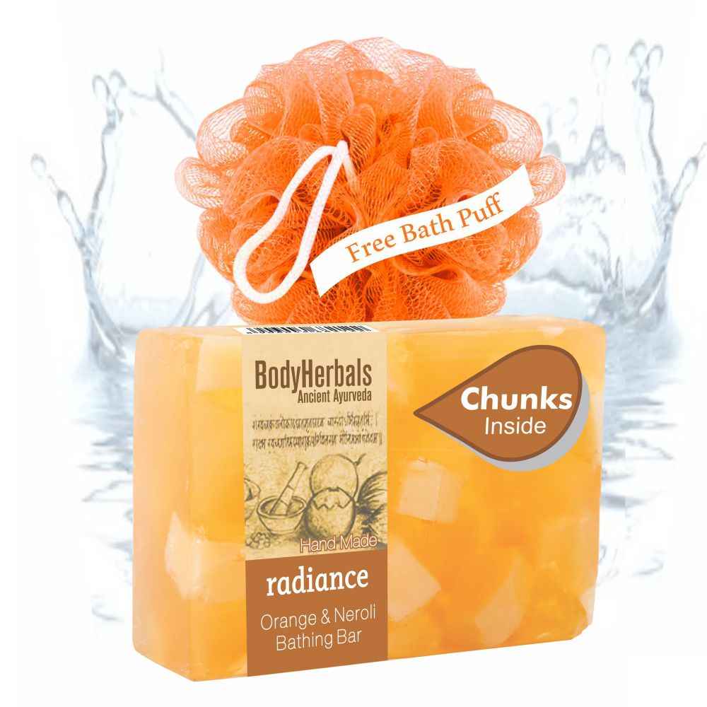 Buy BodyHerbals Ancient Ayurveda Hand Made Radiance Orange and Neroil Bathing Bar (100 g) + FREE BodyHerbals Ancient Ayurveda Bath Puff - Purplle