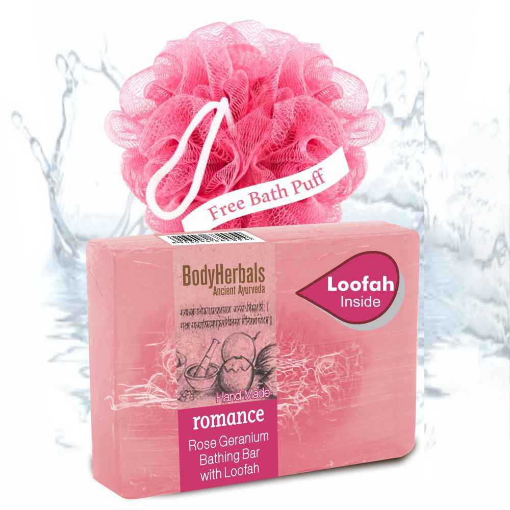Buy BodyHerbals Ancient Ayurveda Hand Made Romance Rose Geranium Bathing Bar (100 g) + FREE BodyHerbals Ancient Ayurveda Bath Puff - Purplle