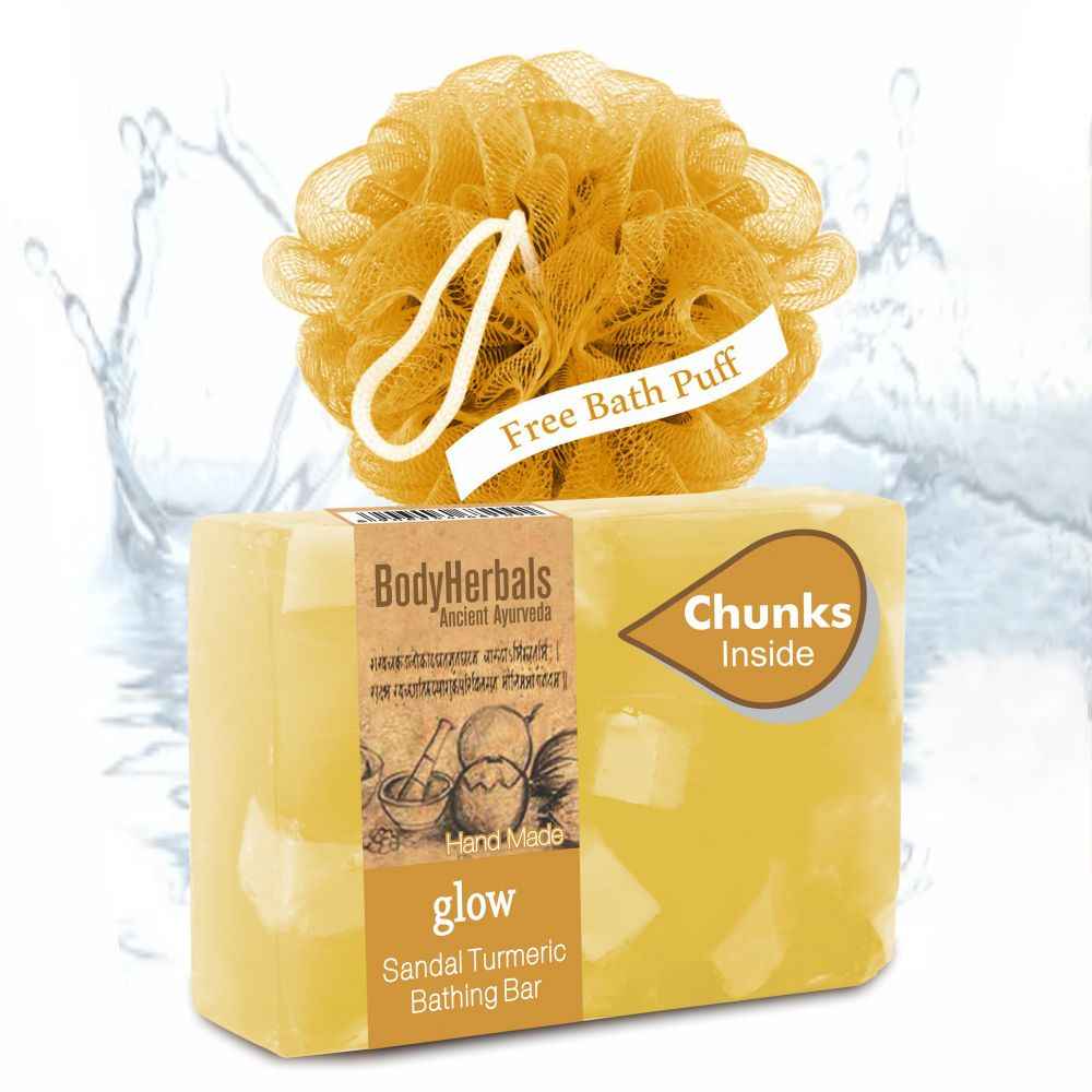 Buy BodyHerbals Ancient Ayurveda Hand Made Glow Sandal Turmeric Bathing Bar (100 gm) + FREE BodyHerbals Ancient Ayurveda Bath Puff - Purplle