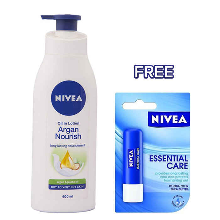 Buy Nivea Oil In Lotion Argan Nourish (400 ml)+Essential Lip care Free - Purplle